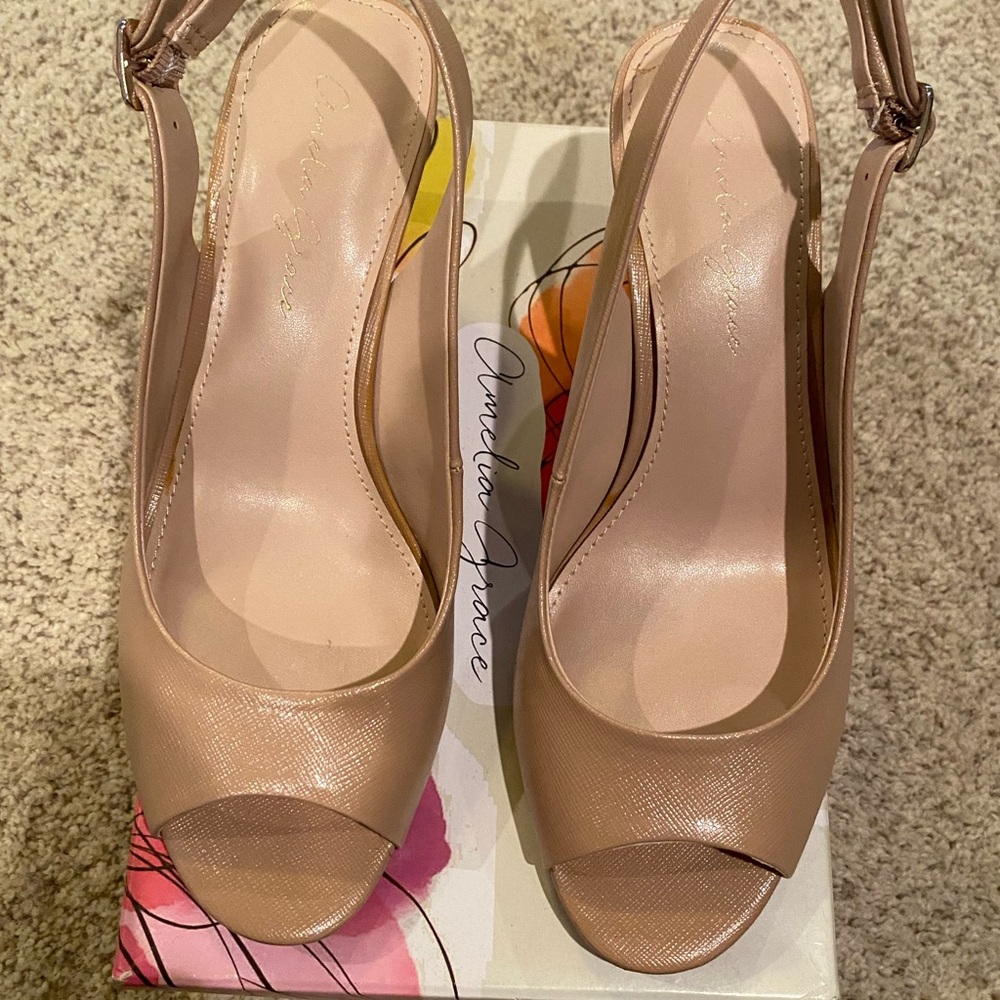 Amelia Grace Nude Peep-Toe Slingback Heels